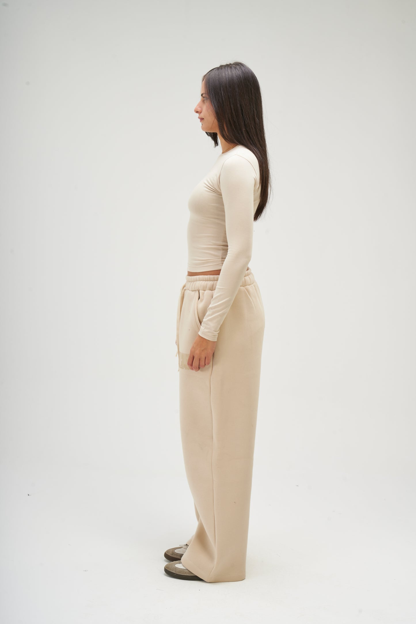 Beige Long Sleeve Round Top