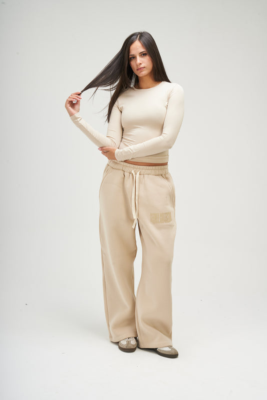 Beige Long Sleeve Round Top