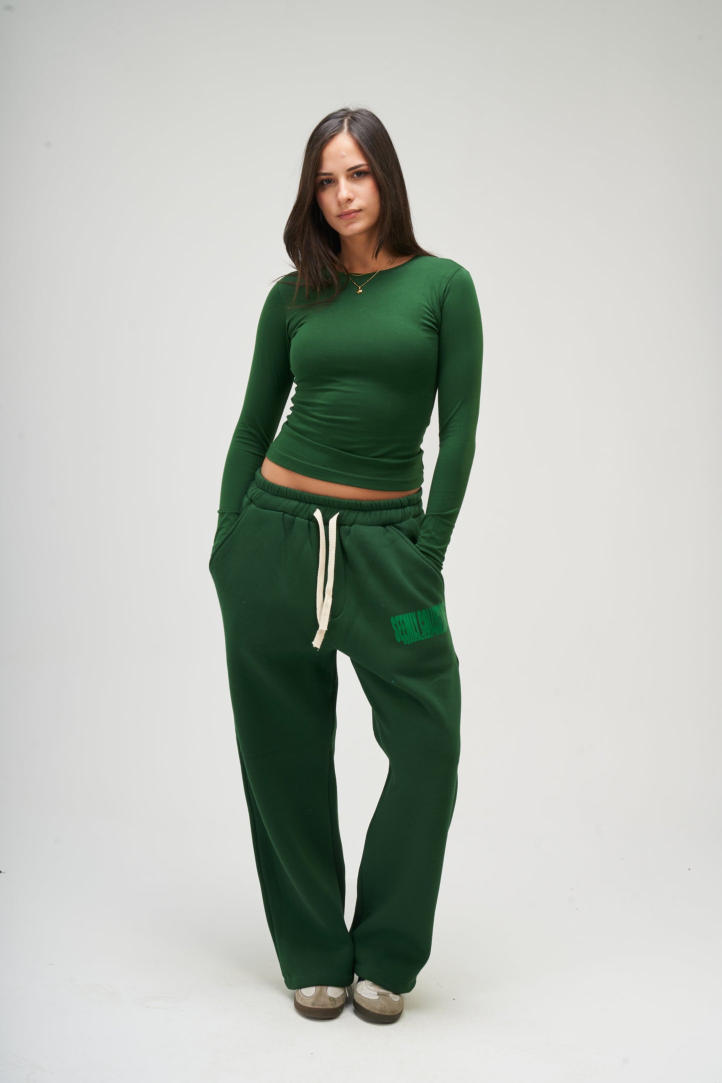 Dark Green Long Sleeve Round Top