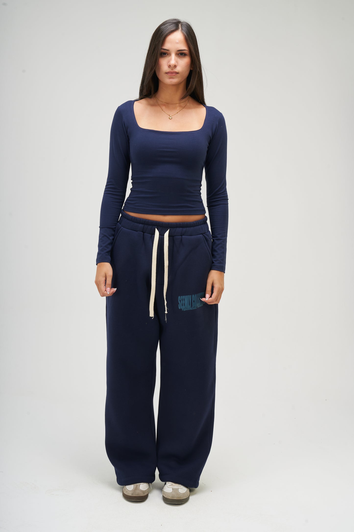 Navy Blue Long Sleeve Square Top