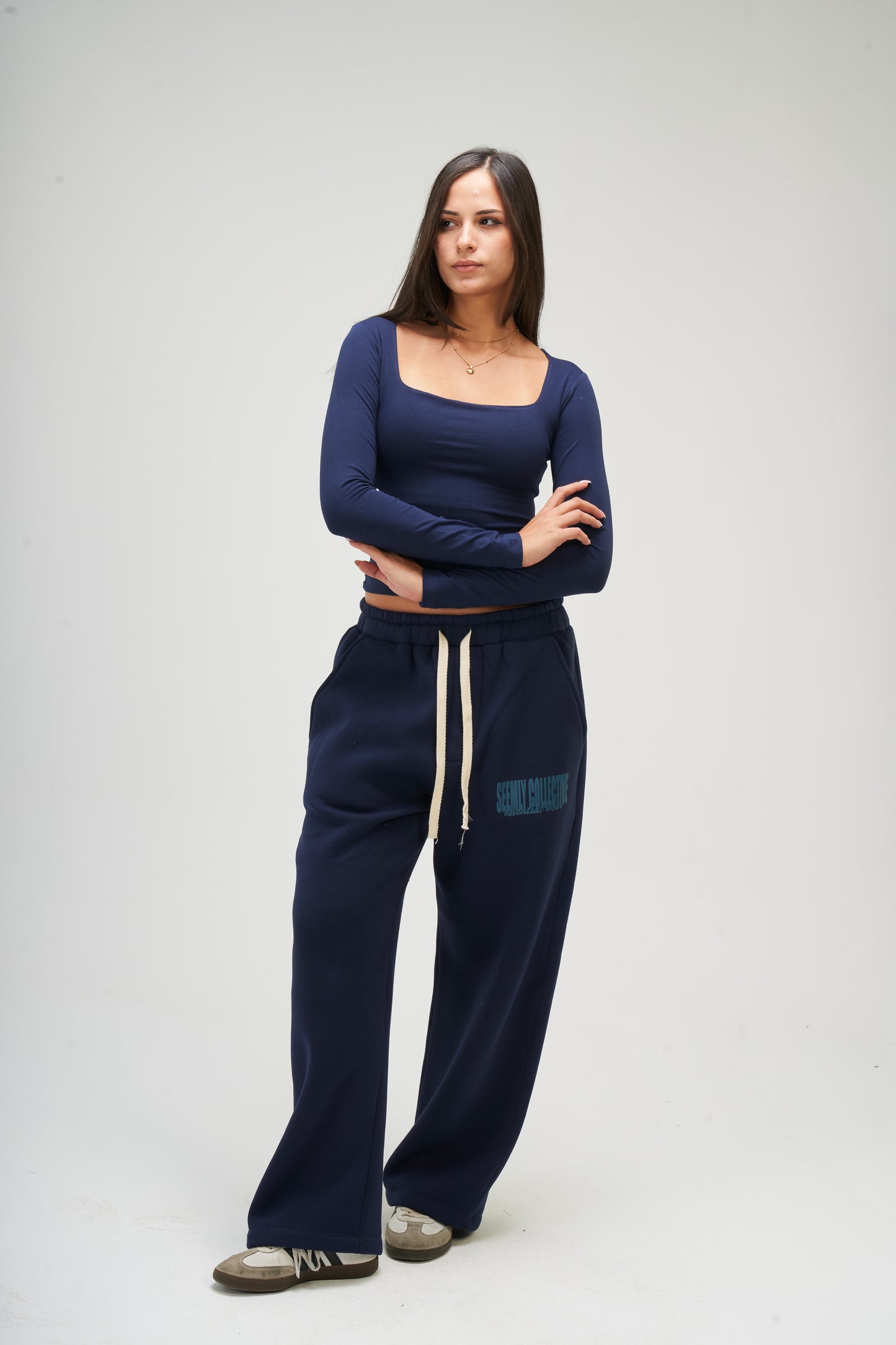 Navy Blue Long Sleeve Square Top