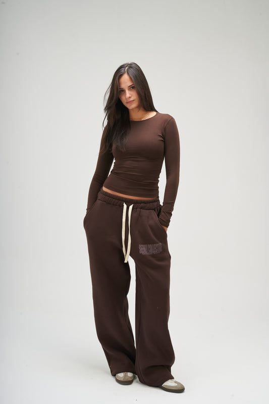 Brown Long Sleeve Round Top