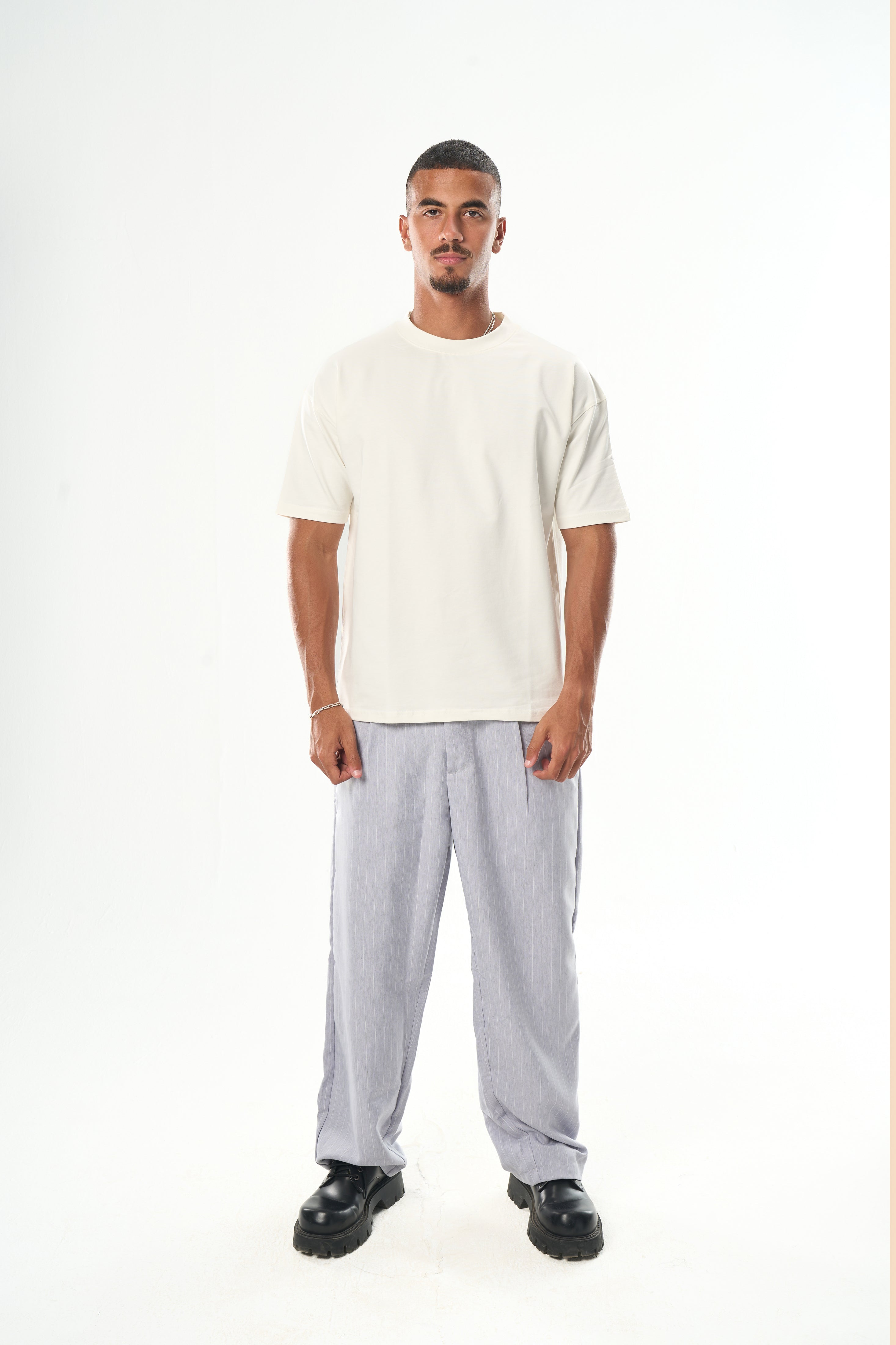 Men Light Grey Striped Tailor Pants